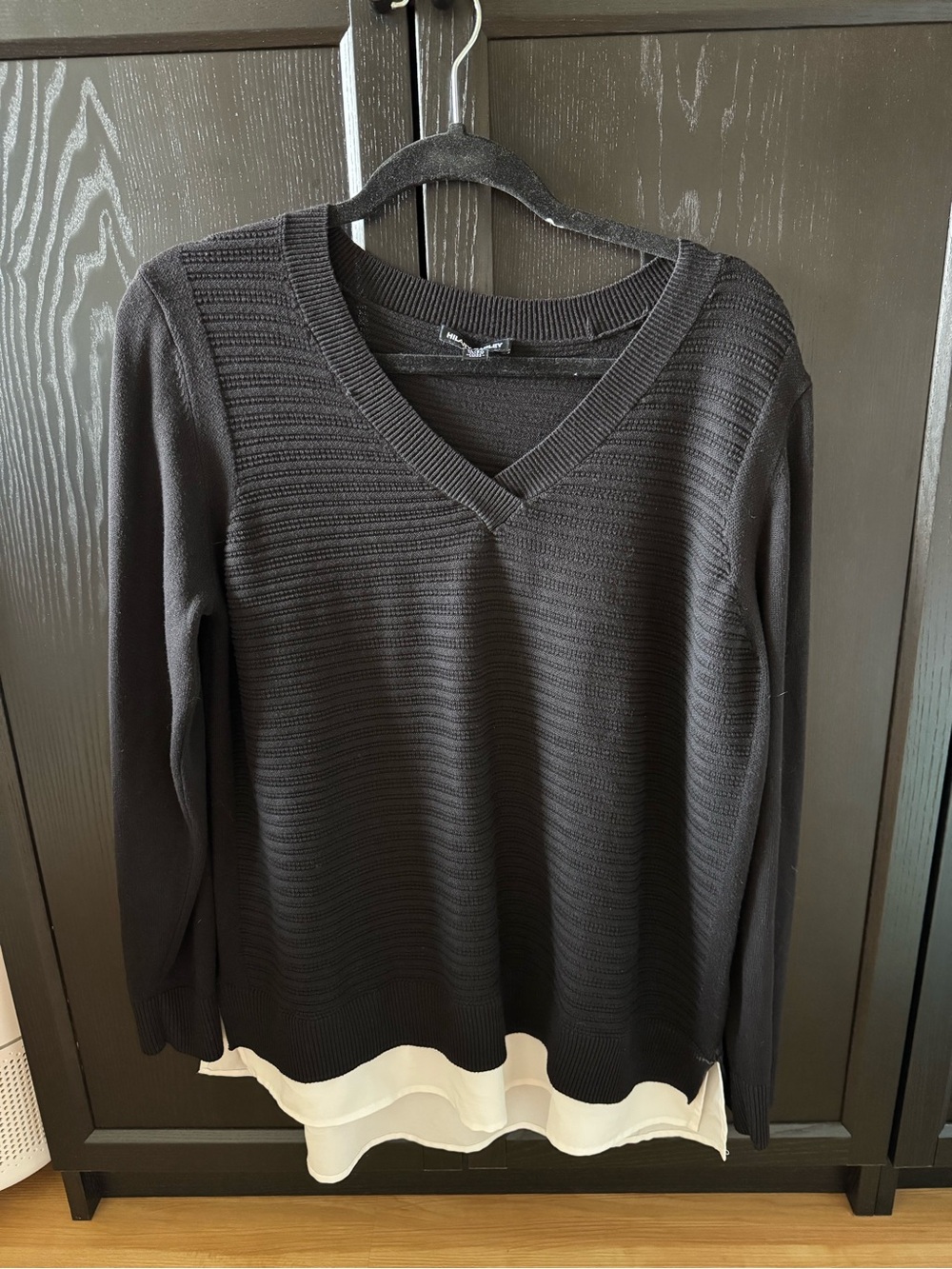 Hilary Radley Black V-Neck Layered-Hem Sweater with Cream Trim